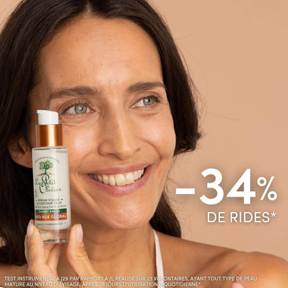 Woman holding Le Petit Olivier skincare bottle with text indicating 34% reduction in wrinkles.