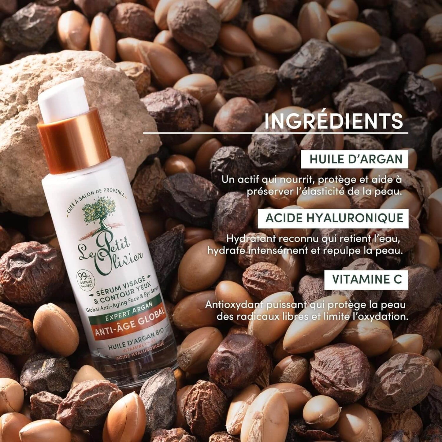 Le Petit Olivier Skincare serum bottle with argan nuts and ingredient information on a dark background