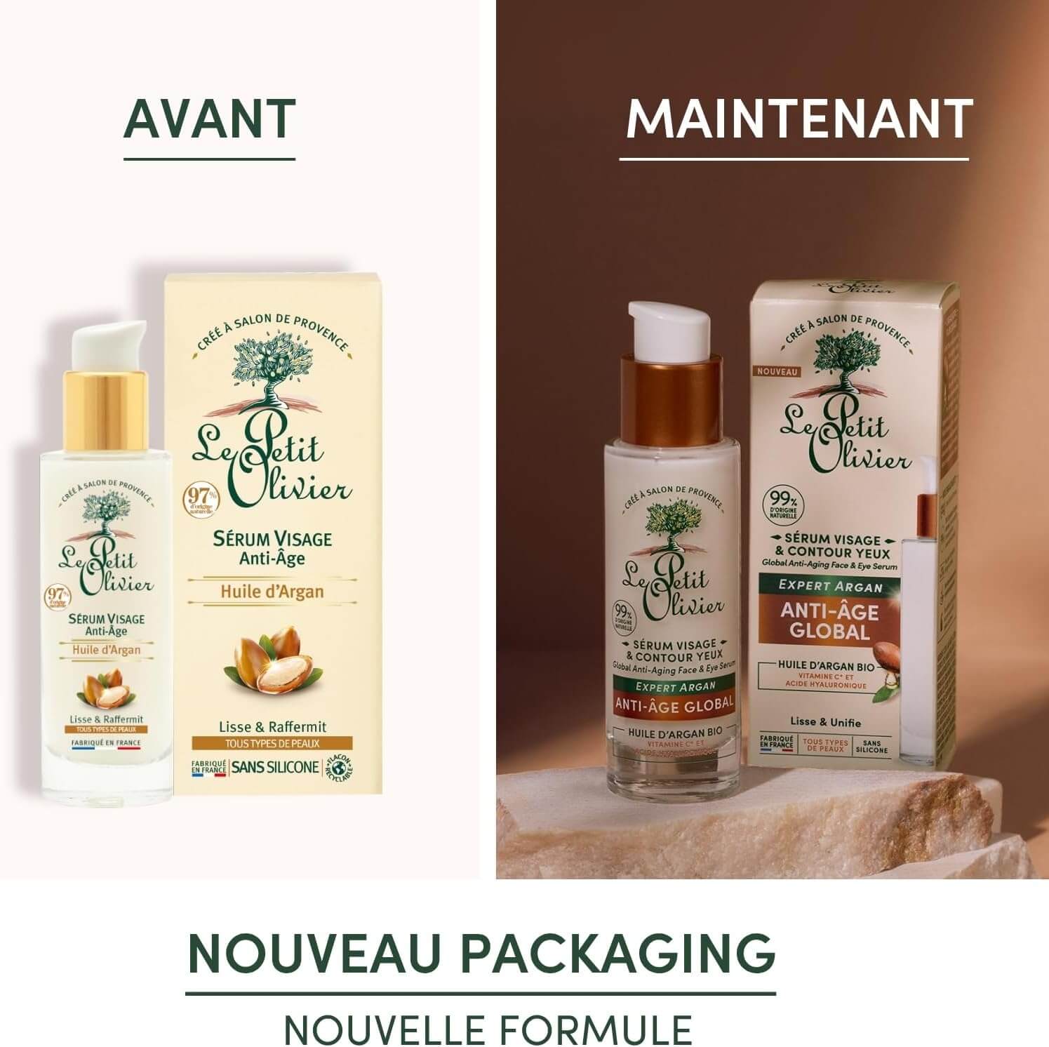 Before and after comparison of Le Petit Olivier skincare products with new packaging.