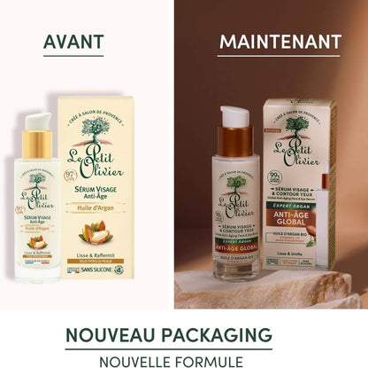 Before and after comparison of Le Petit Olivier skincare products with new packaging.