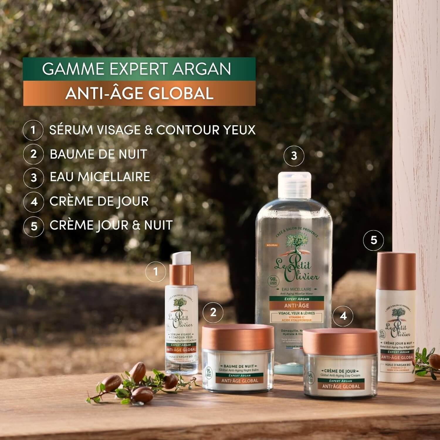 Le Petit Olivier Cosmetic products on a wooden surface with a natural background