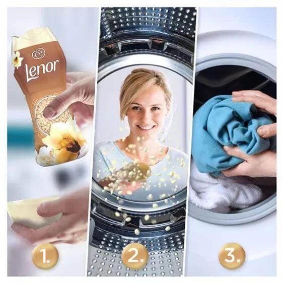 Lenor In-Wash Scent Booster Gold Orchid application process showing pouring, smiling user, and washing machine.