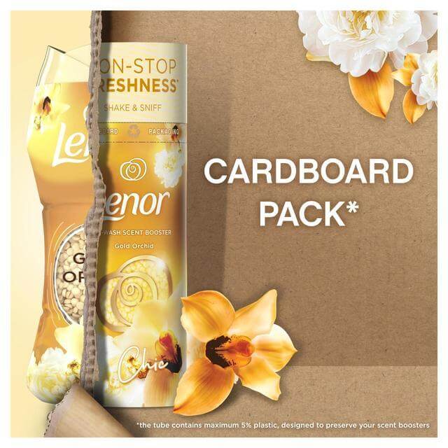 Lenor In-Wash Scent Booster Gold Orchid in cardboard pack for freshness and scent retention.