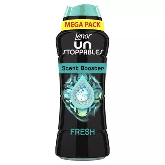 Lenor Unstoppables Fresh scent booster bottle with long-lasting freshness technology for laundry.