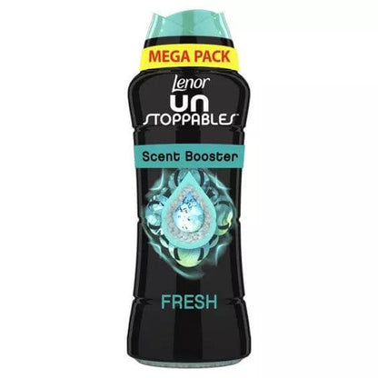 Lenor Unstoppables Fresh scent booster bottle with long-lasting freshness technology for laundry.
