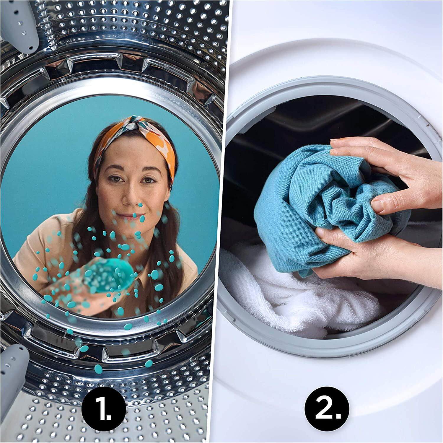 Lenor In-Wash Scent Booster being added to laundry, enhancing freshness in washing machine, with woman demonstrating use.