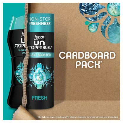 Lenor Unstoppables Fresh scent booster in a cardboard pack, delivering non-stop freshness for your laundry.
