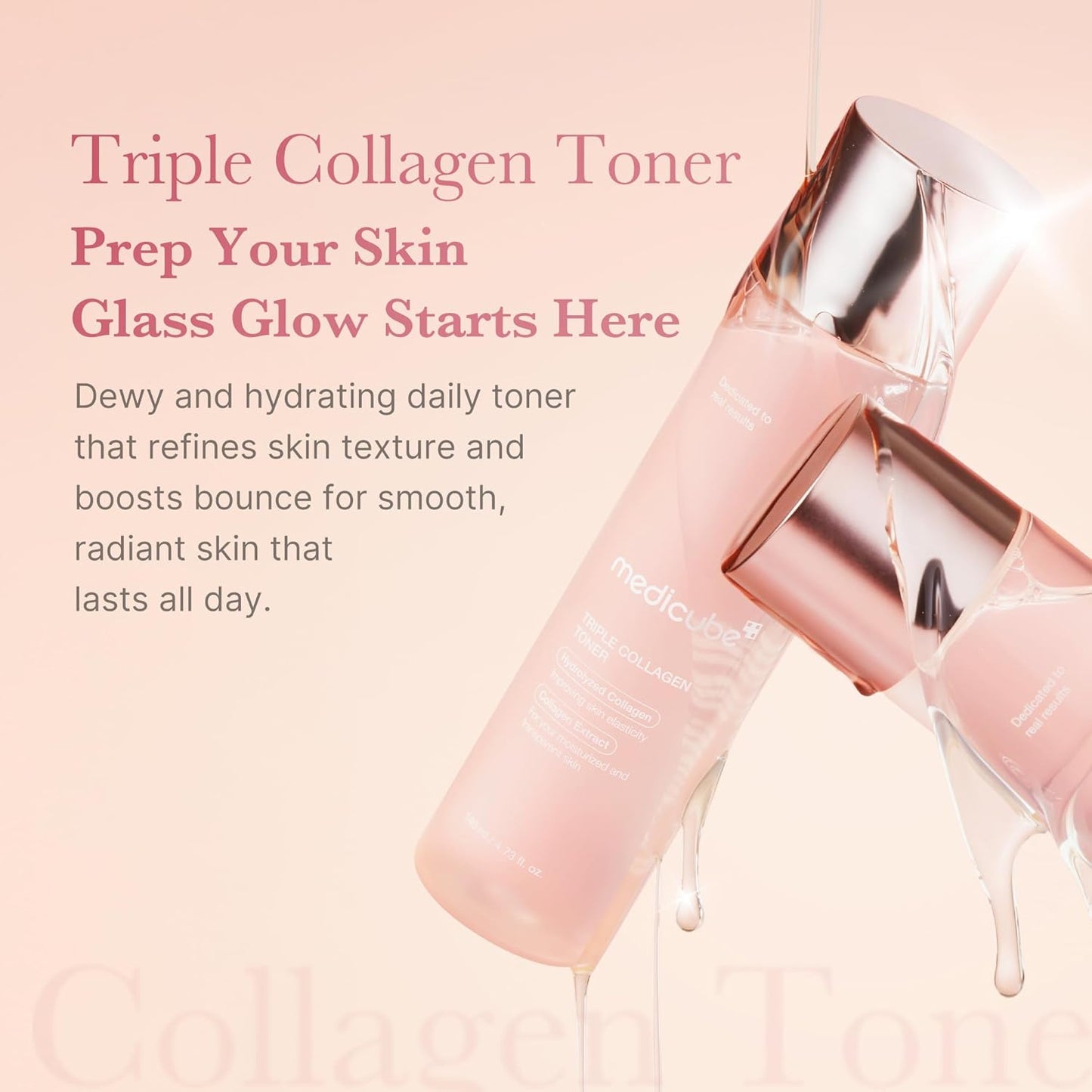 Pink toner bottle with text about triple collagen toner on a light pink background