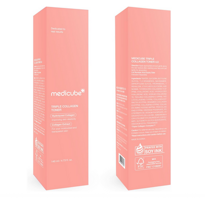 Two packaging boxes of Medicube Triple Collagen Toner on a white background