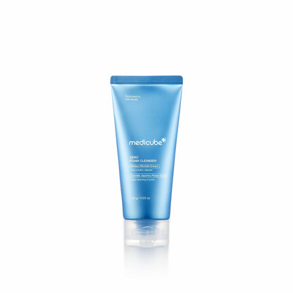 Blue tube of Medicube skincare product on a white background