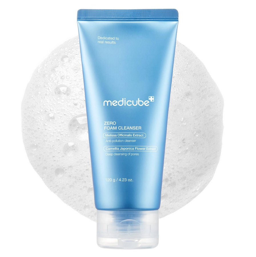 Blue tube of Medicube Zero Foam Cleanser on a white background