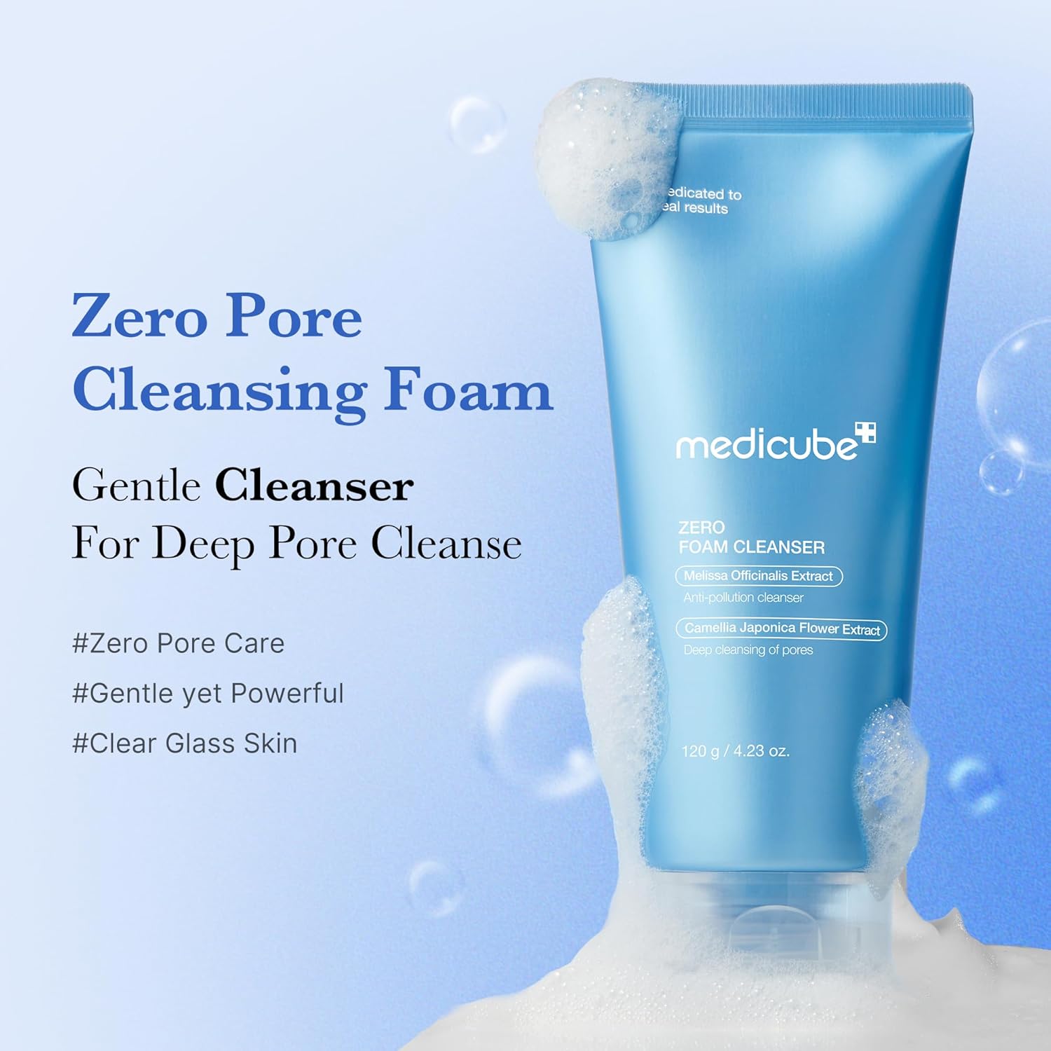 Medicube Zero Pore Cleansing Foam with text on a blue background