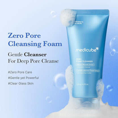 Medicube Zero Pore Cleansing Foam with text on a blue background