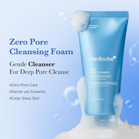 Medicube Zero Pore Cleansing Foam with text on a blue background