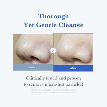Before and after comparison of a nose with text about a cleanse product.