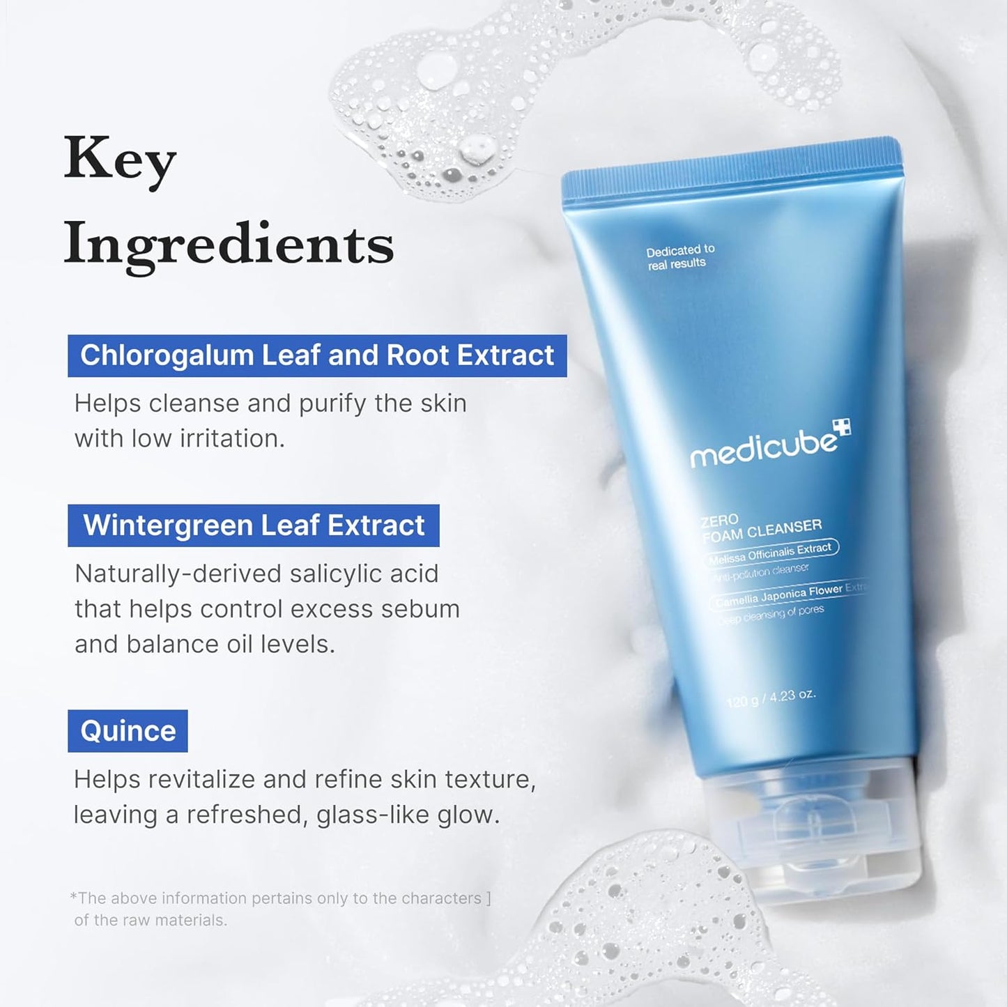 Blue skincare product with key ingredients listed on a white background
