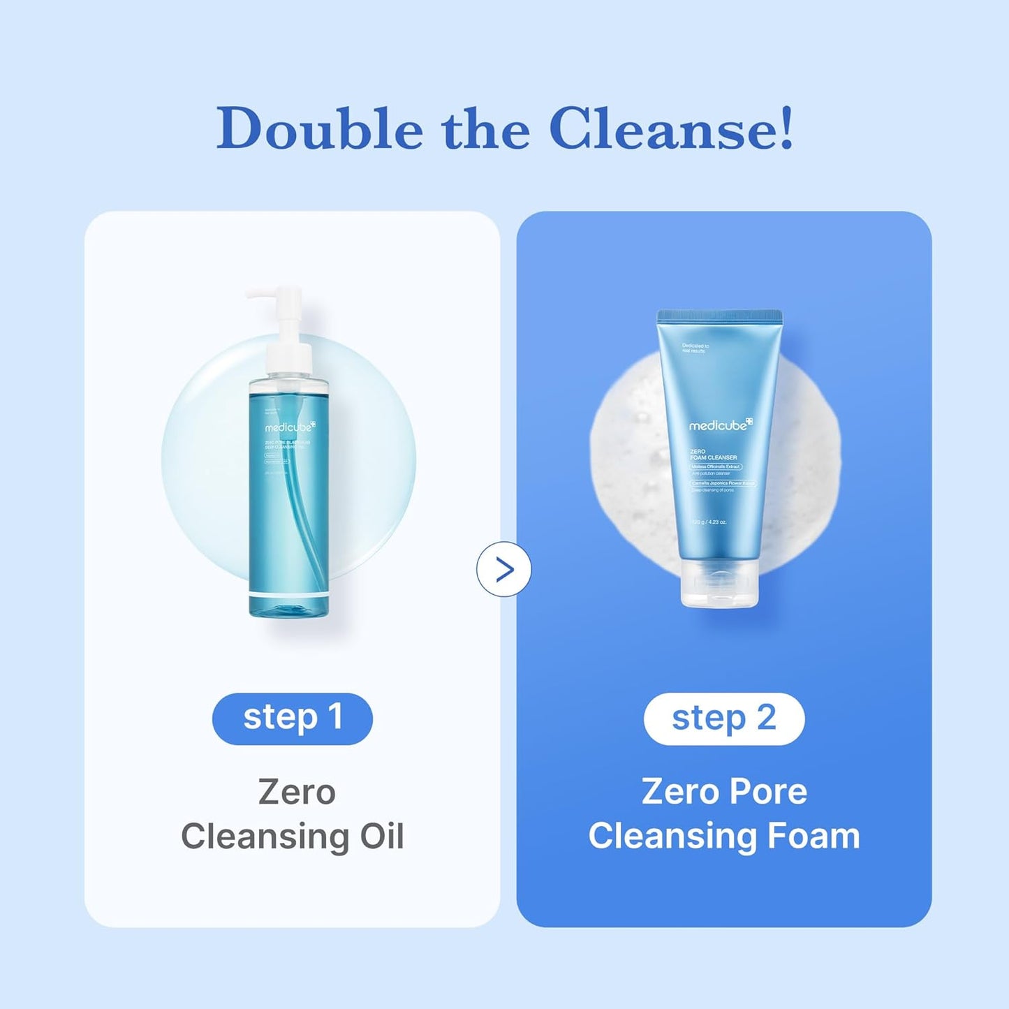 Two skincare products with labels for 'Zero Cleansing Oil' and 'Zero Pore Cleansing Foam' on a blue background.