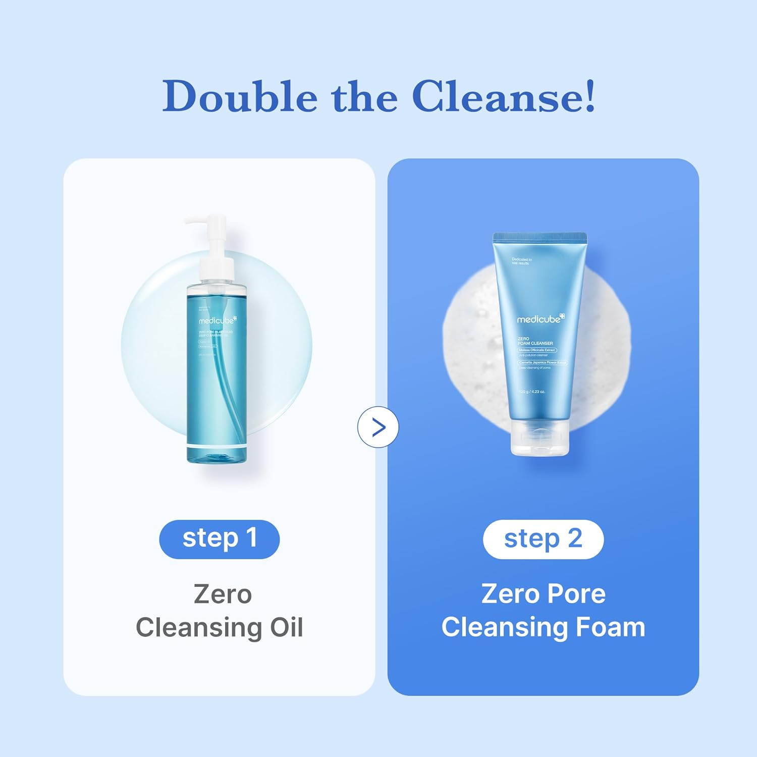 Two skincare products with labels for 'Zero Cleansing Oil' and 'Zero Pore Cleansing Foam' on a blue background.