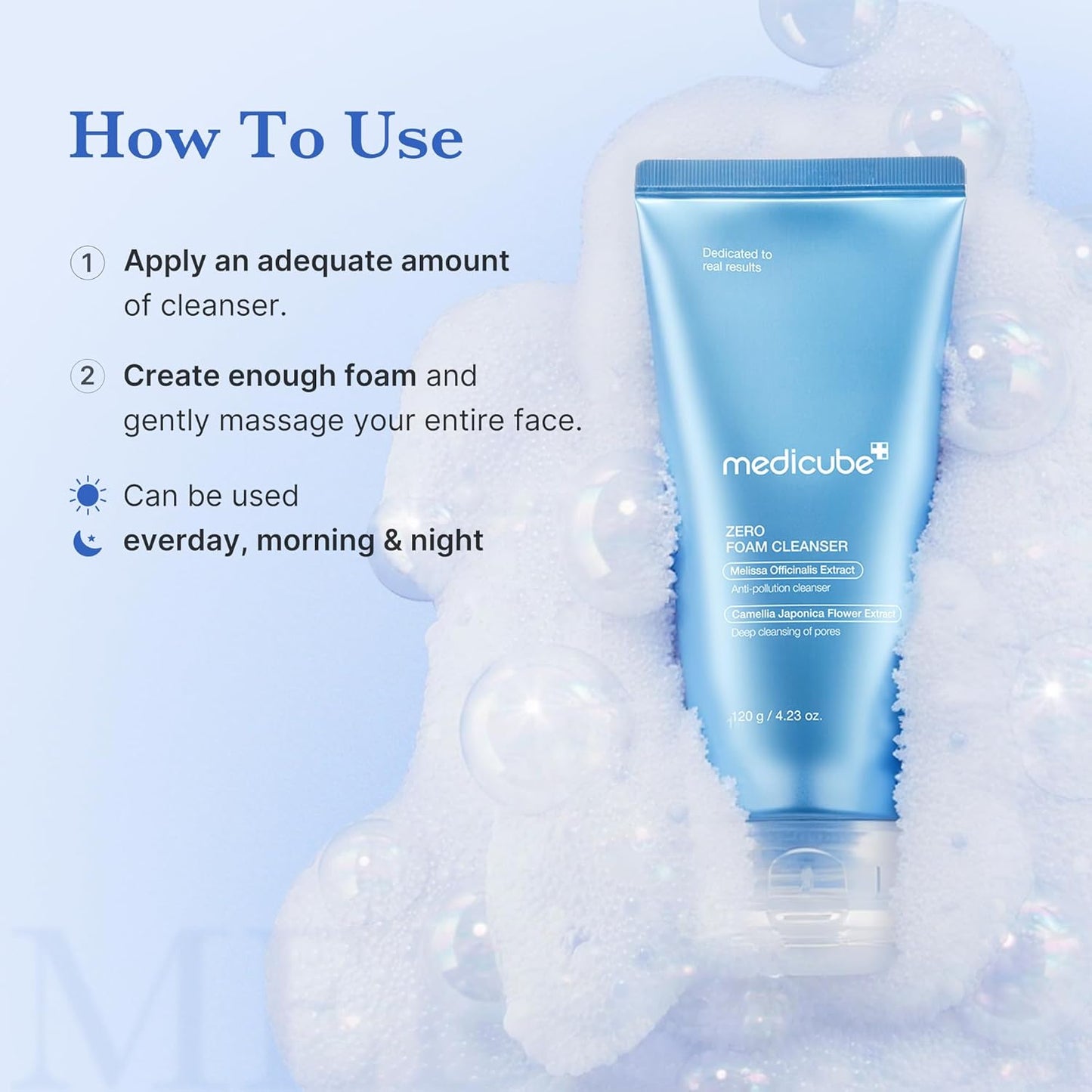 Medicube foam cleanser with usage instructions on a blue background
