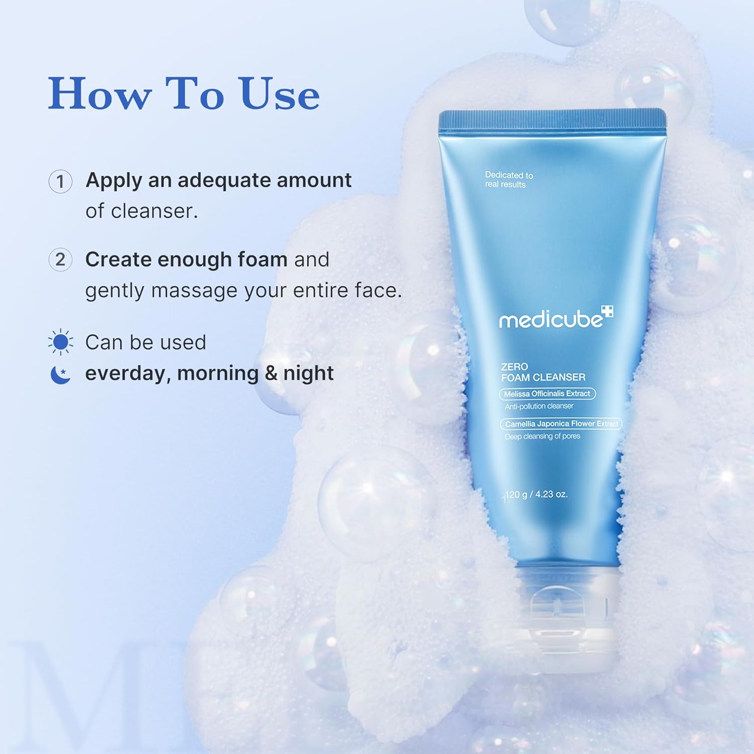 Medicube foam cleanser with usage instructions on a blue background
