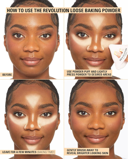 Step-by-step guide on using Makeup Revolution Loose Baking Powder with a model's face shown before and after application.