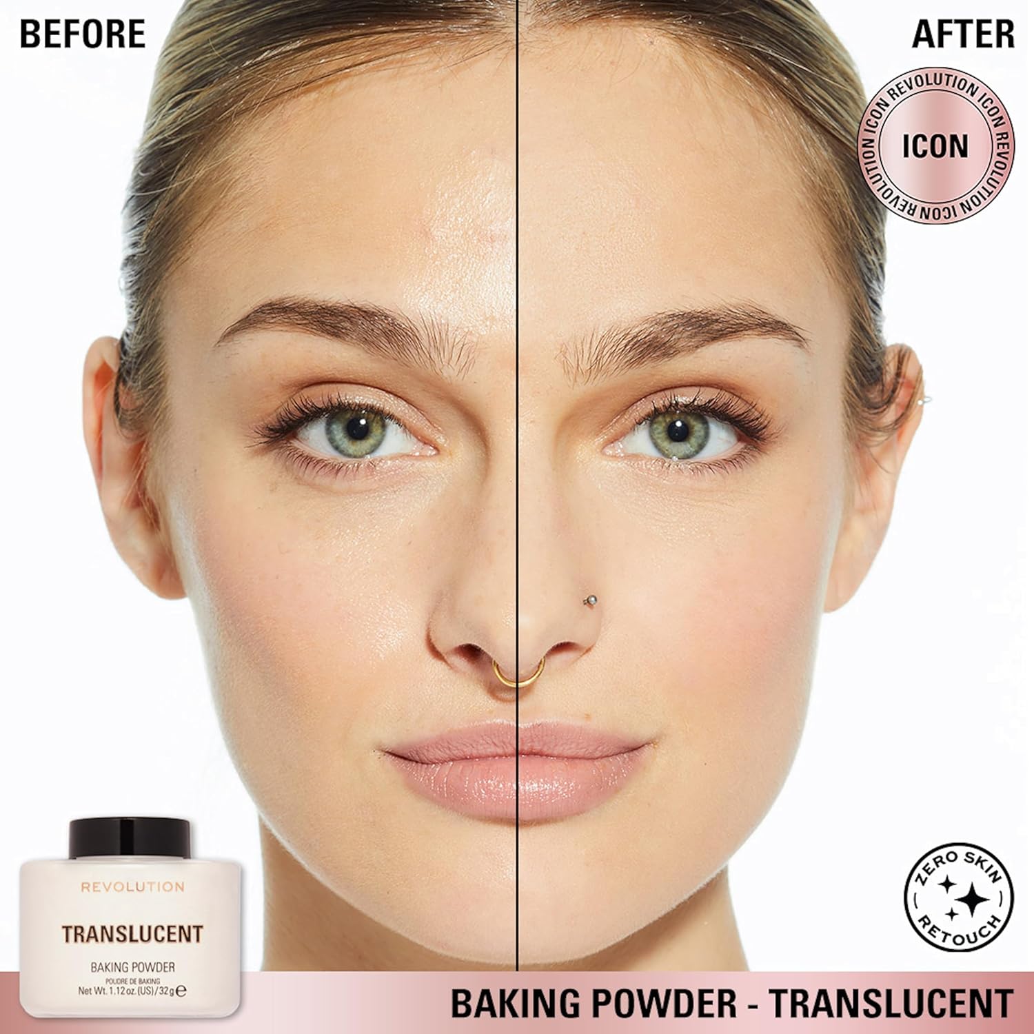 Before and after comparison of a woman's face with a bottle labeled Makeup Revolution 'Translucent Baking Powder'.