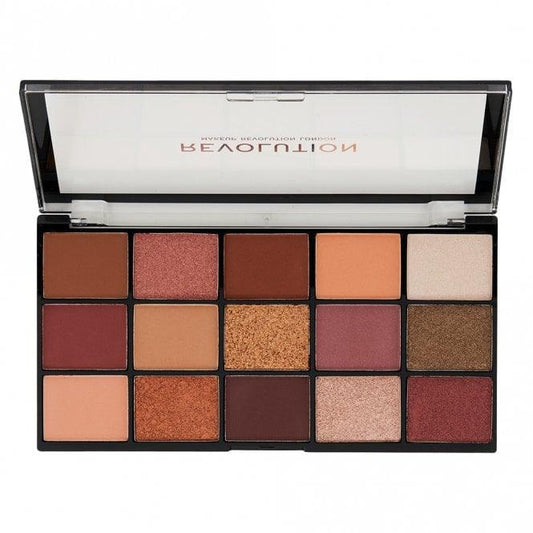 Makeup Revolution Reloaded Seduction Eyeshadow Palette featuring 15 warm, pigmented shades in shimmer and matte finishes.