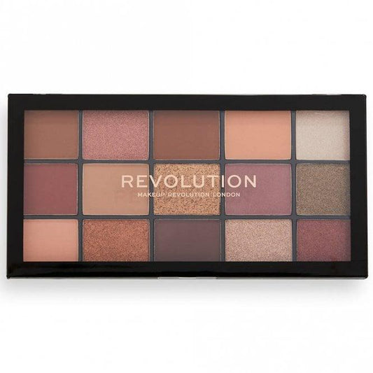 Makeup Revolution Reloaded Seduction Eyeshadow Palette featuring 15 warm, highly-pigmented shades in shimmer and matte finishes.