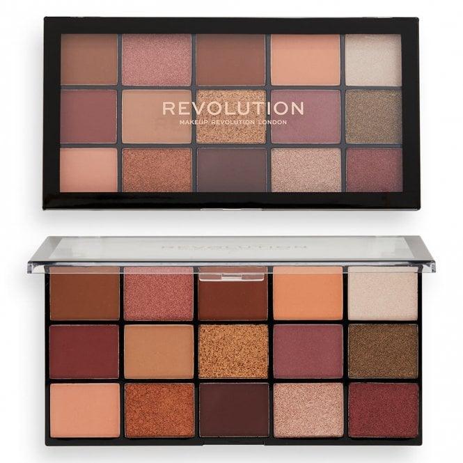 Makeup Revolution Reloaded Seduction Eyeshadow Palette showcasing 15 warm, highly-pigmented shades in smooth finishes.