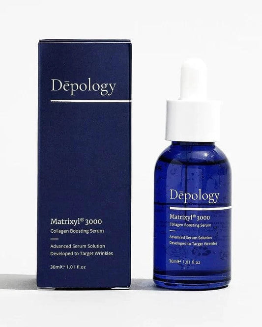 Matrixyl® 3000 collagen boosting serum in a blue bottle for hydration and anti-aging effects.