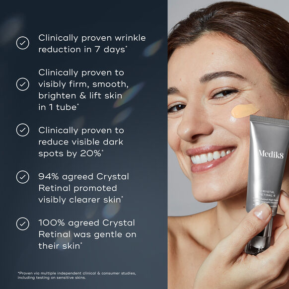 Woman applying Medik8 skincare product with text on clinical benefits on a dark background