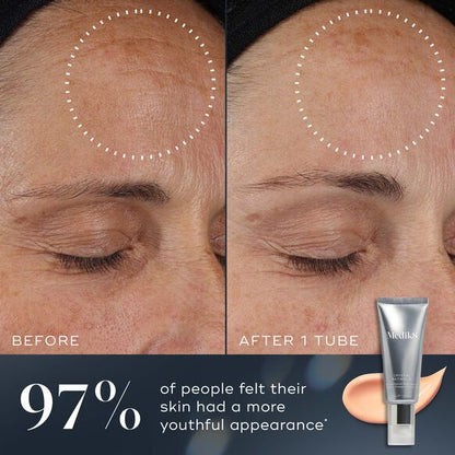 Before and after comparison of Medik8 skin treatment with a tube of cream displayed.
