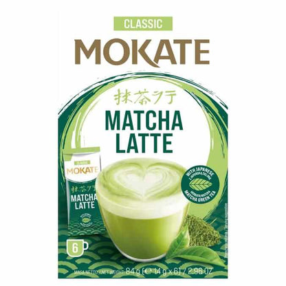 Mokate Classic Matcha Latte packaging 84g featuring creamy matcha latte drink and health benefits.