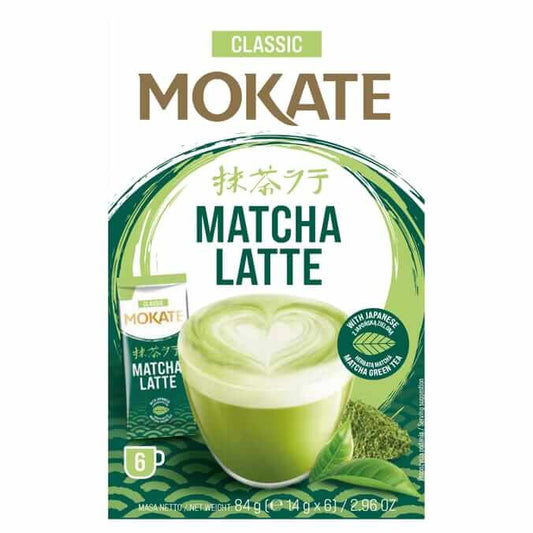 Mokate Classic Matcha Latte packaging 84g featuring creamy matcha latte drink and health benefits.
