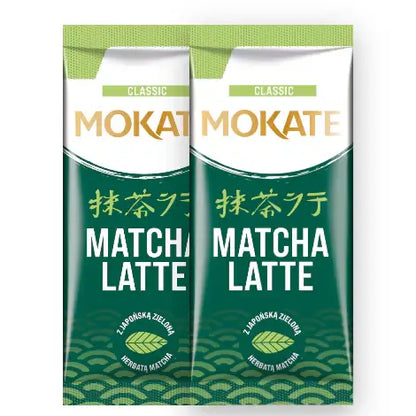 Mokate Classic Matcha Latte packets with vibrant green packaging for a smooth beverage experience.