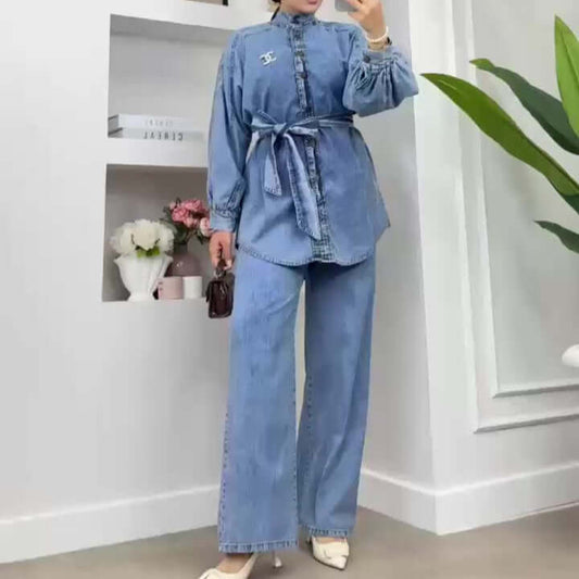 NED Denim Co Ord Set featuring a modest button shirt with flared pants, perfect for casual outings and outdoor trips.