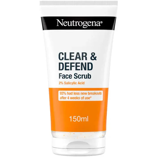 Neutrogena Clear & Defend Face Scrub packaging on a white background