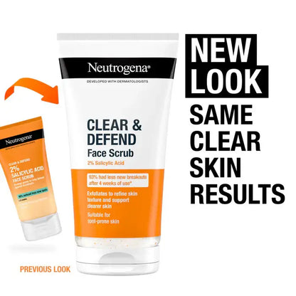 Neutrogena Clear & Defend Face Scrub with previous look comparison on a white background