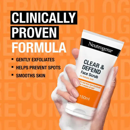 Neutrogena Clear & Defend Face Scrub with text on a bright orange background