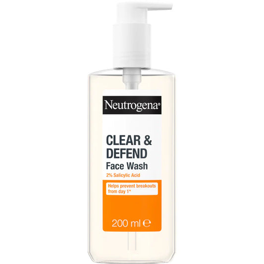 Neutrogena Clear & Defend Face Wash bottle on a white background