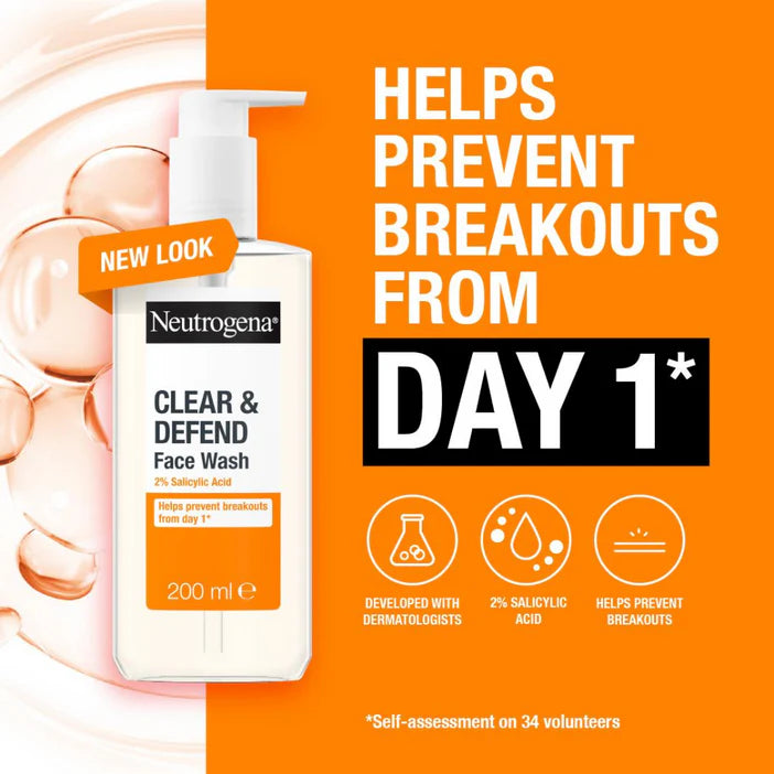 Neutrogena Clear & Defend Face Wash bottle with promotional text on an orange background