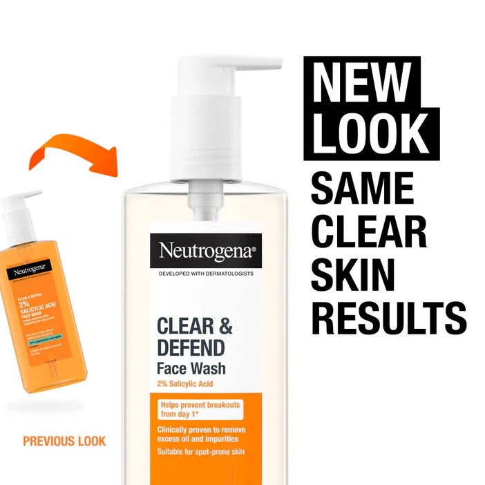 Neutrogena Clear & Defend Face Wash with previous look comparison on a white background