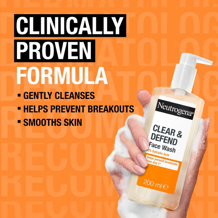 Neutrogena Clear & Defend Face Wash bottle held in a hand with product benefits on an orange background