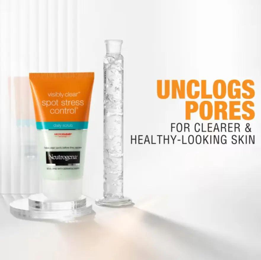 Neutrogena Visibly Clear Spot Stress Control Scrub for clearer skin, featuring exfoliating microbeads and natural ingredients.