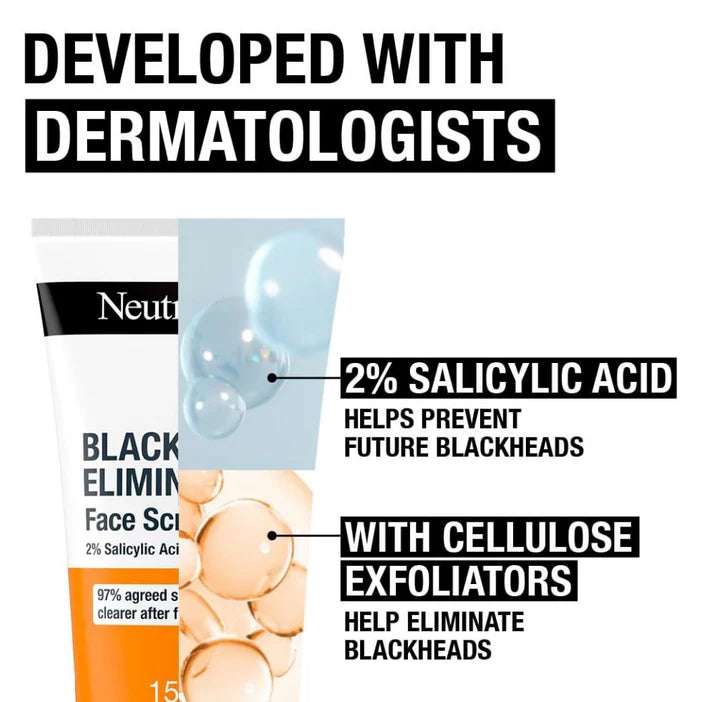 Neutrogena Blackhead Eliminating Face Scrub packaging with text highlighting salicylic acid and cellulose exfoliators.