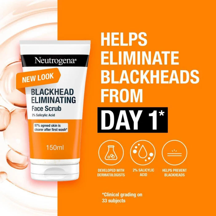 Neutrogena blackhead eliminating face scrub with promotional text on an orange background