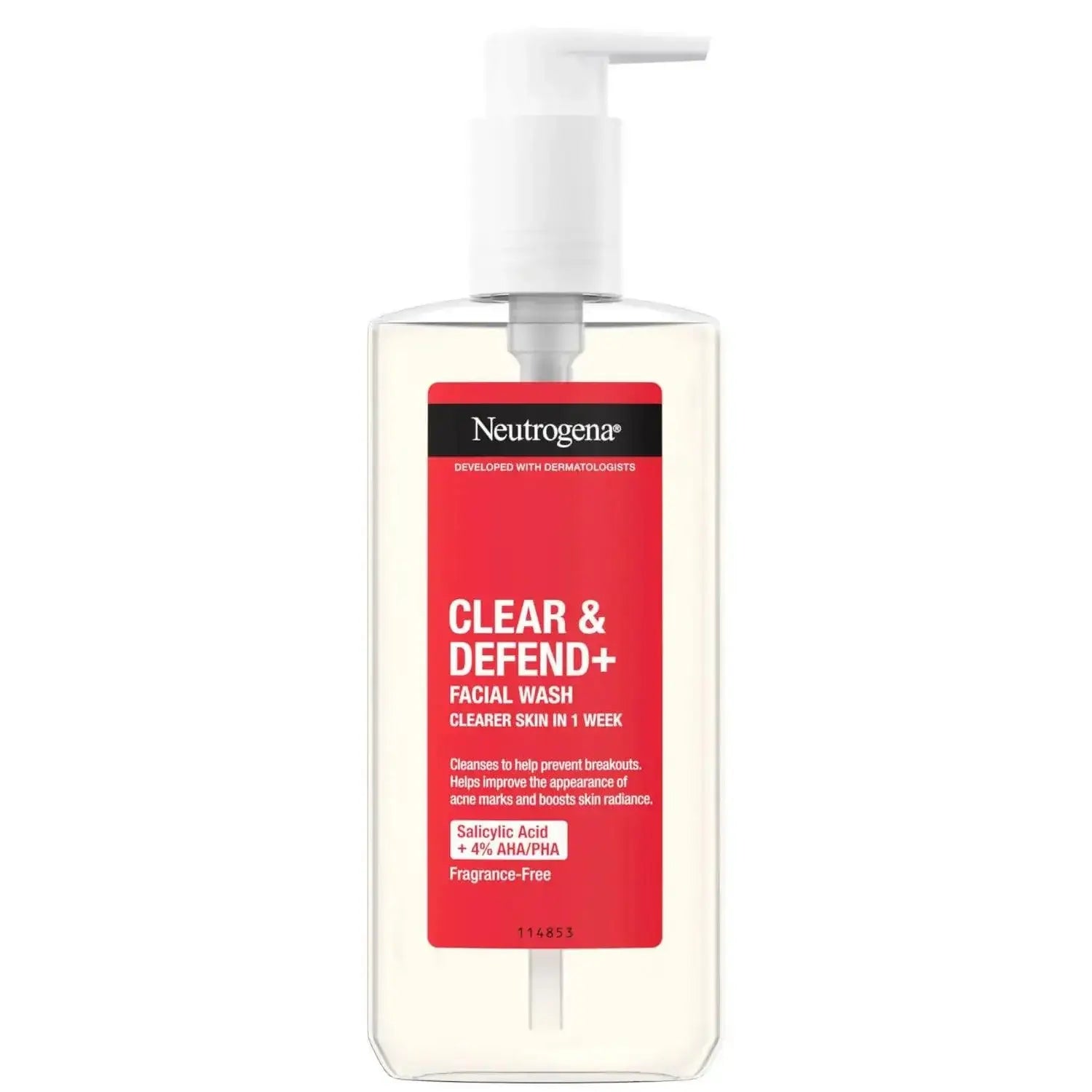 Neutrogena Clear and Defend Plus Facial Wash 200ml for oily skin, featuring AHA/PHA blend for balanced, radiant complexion.