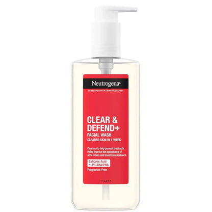 Neutrogena Clear and Defend Plus Facial Wash 200ml for oily skin, featuring AHA/PHA blend for balanced, radiant complexion.
