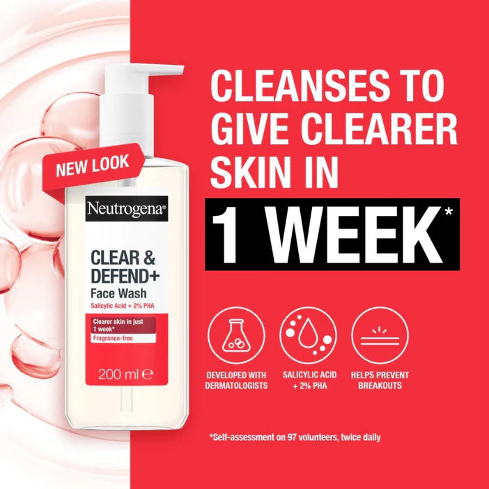 Neutrogena Clear & Defend Face Wash bottle with promotional text on a red background