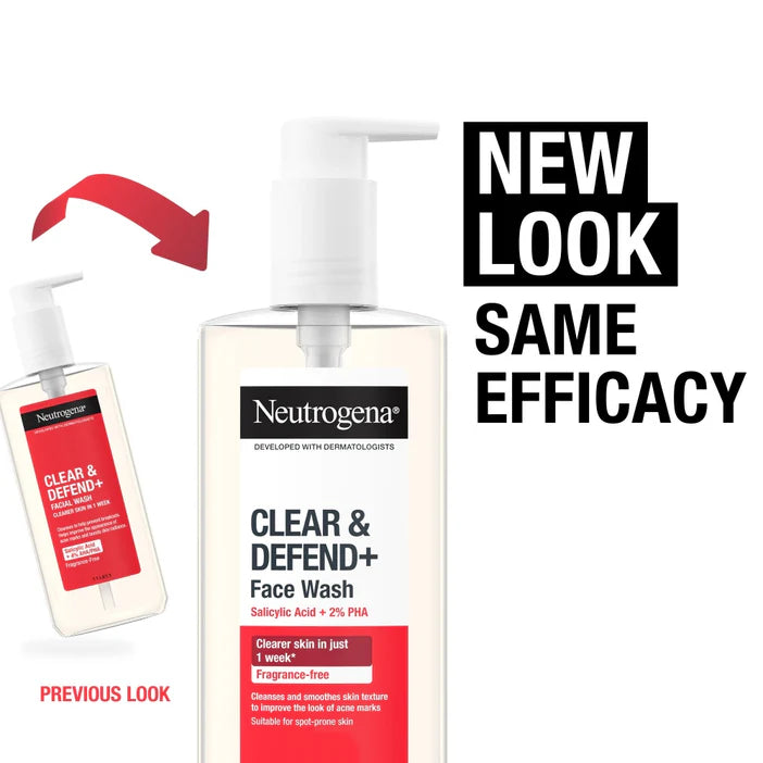 Neutrogena Clear & Defend+ Face Wash with previous look comparison on a white background